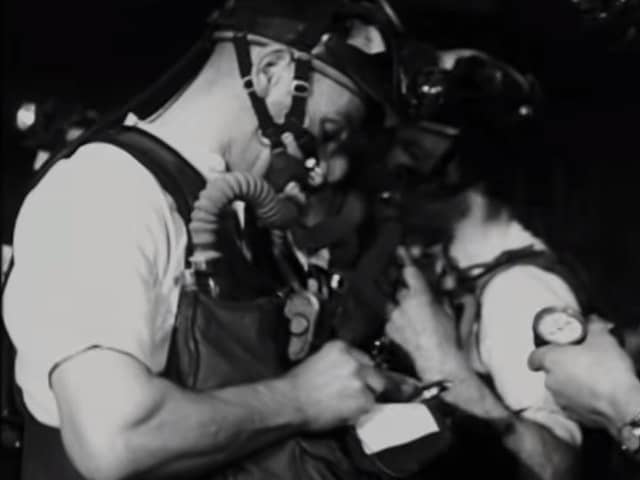 This fascinating newsreel film shows mine rescuers carrying out an emergency drill exercise in a Wakefield pit.