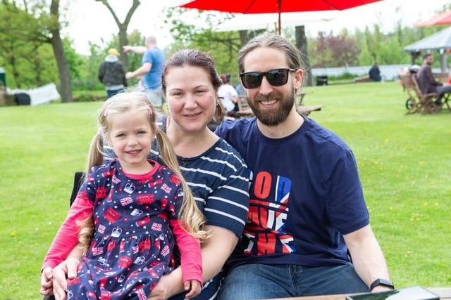 Zuzana, Zach and Adela at Pontefract Castle for the King's Coronation. Photo: Bruce Rollinson