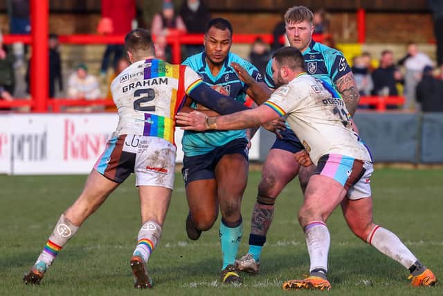 Moris Kamano on a charge for Featherstone Rovers. Picture: John Victor