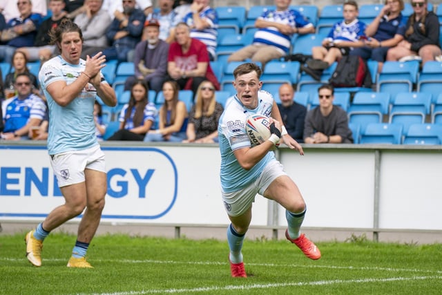 Jack Broadbent races over for the second Featherstone Rovers try. Picture: Dec Hayes