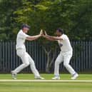 Chamila Wijesinghe celebrates taking the first wicket for Streethouse against Oulton. Photo by Scott Merrylees