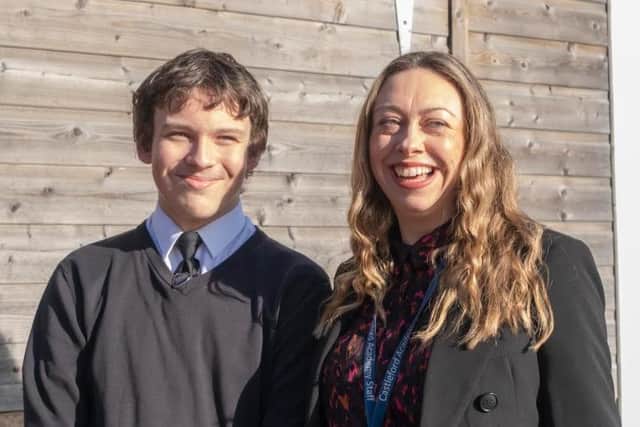 Sam with Year 11 Textile student Bailey who she says 'is a joy and brightens up everyone with his  lively, bubbly character.'