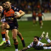 Greg Eden races clear to score for Castleford Tigers in their win over Wakefield Trinity in April. More of the same will be needed in the big return derby this week. Photo by Jonathan Gawthorpe