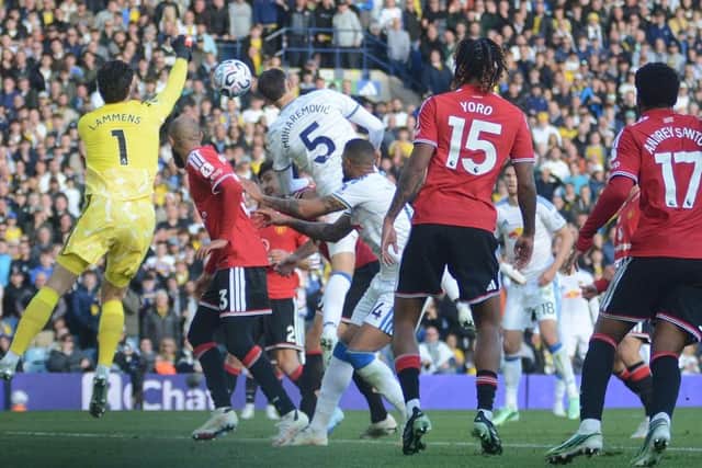 Goalmouth action from Leeds United's game against Manchester United.