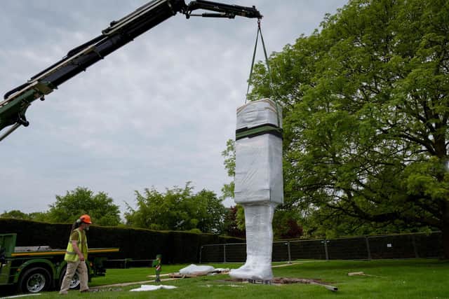 Erwin Wurm's Big Kastenmann (2012), being installed at Yorkshire Sculpture Park ahead of his UK exhibition in June.