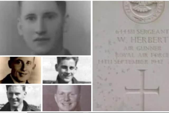 An appeal has been made for a photograph of Sgt William Herbert to lay with fellow crewmembers who died in the 1942 crash. Top: Jack Herring, William C. Massey, Phillip S Hammond, Thomas C. Dewar and  Valentine G. Brough. All are buried in the Commonwealth War Graves section of the General Cemetery in Gramsbergen.