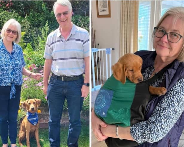 Julie and Paul, pictured with Corey, will be speaking about their experiences of looking after hero assistance dogs-in-training during an event taking place at The Cricketers Arms in Cluntergate, Horbury next month.