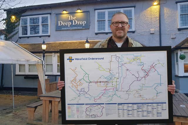 Steven Lovell with his Wakefield Orderaround pub map, which features 297 places, including Outwood's The Deep Drop.