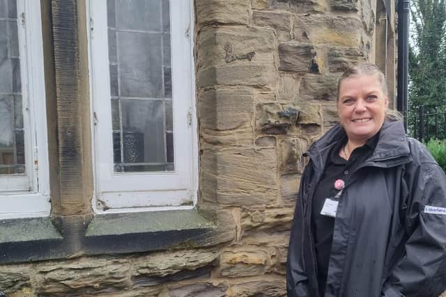 Joe Gilligan outside her house at Pontefract Castle. She has been a custodian at the castle for 18 years and works as a site officer
