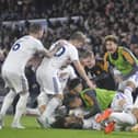 It's all fall down as Leeds United celebrate their winning goal against Bournemouth.