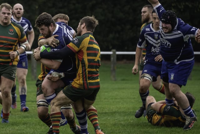 Joe Foster takes the Selby defence with him as he goes on to score his first try for Pontefract. Picture: Jonathan Buck