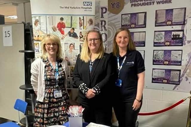 Georgina Woodford, head of recruitment; Ellie Valentine, associate director of workforce and organisational development; and Vicky Gawthorpe, recruitment team leader from Mid Yorkshire Hospitals NHS Trust, at the careers fair at Outwood Grange Academy, Wakefield.