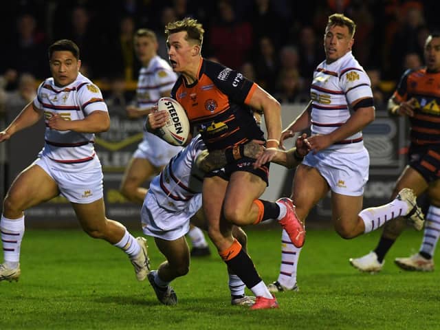 Jack Broadbent set up Castleford Tigers' first try in their vital win over Wakefield Trinity with this break. Picture: Jonathan Gawthorpe