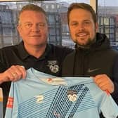 Grant Black (right) with then Ossett United chairman James Rogers when he was appointed as manager in October, 2022.
