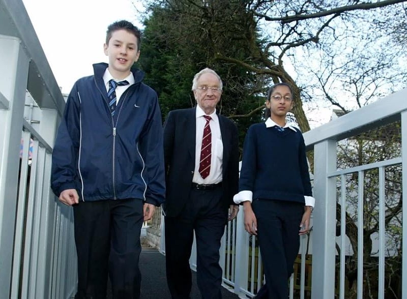 Opening of bridge on Standbridge Lane. With Norman Hazell and Kettlethorpe High School students George Speight-Hulme and Sofia Mahmood.