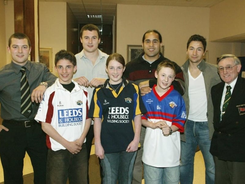 Celebrity Sportsman Night, Kettlethorpe High School in 2004. From Left, Mark Chester (Leeds tykes), Gareth Newman (student), Chris Chester (Hull FC), Amy Newman (student), David Solomona (Wakefield Trinity), Gareth Dobson (student), Jacob Burns (Barnsley), John Newsome (Wakefield Harriers)