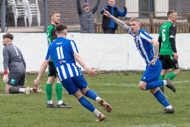 Richard Collier turns to celebrate his goal for Frickley Athletic. Picture: John Hobson