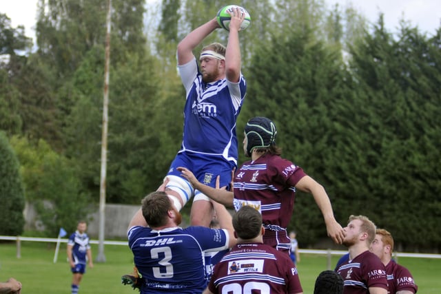 Brodie Matthews up high to claim the ball at a line-out for Pontefract.