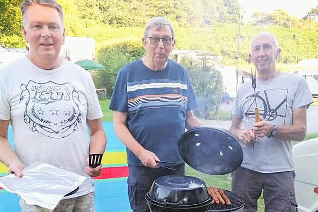 Geoff, Phil and John in charge of the barbecue