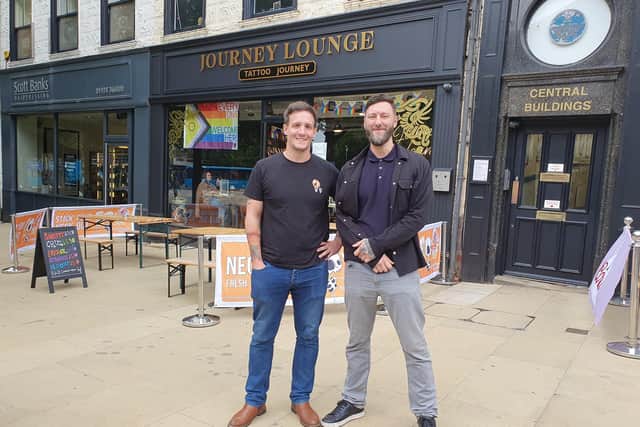 Danny Tymon (right) and Simon Tomlinson pictured outside Journey Lounge and Tattoo Lounge on the Bull Ring in Wakefield.