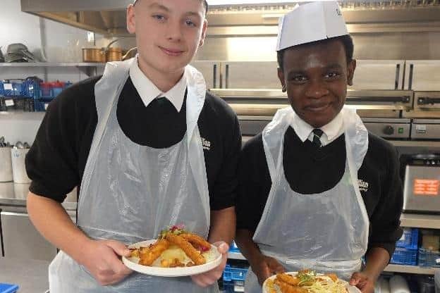 Pupils from Rodillian Academy with their fish goujons and garnishes.