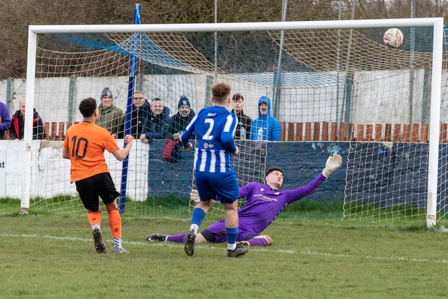 Frickley Athletic goalkeeper Harrison Davison-Hale makes an outstanding save, but was beaten six times in the game with Hallam.