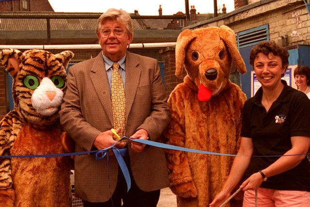 Pantomime Dame Brian Platts officially opens Sheffield RSPCA  Open Day at Spring Street in 1996
