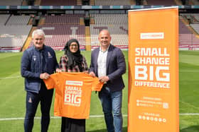Bradford City manager Mark Hughes,  Penny Appeal chief executive Ridwana Wallace-Laher and City commercial director Davide Longo