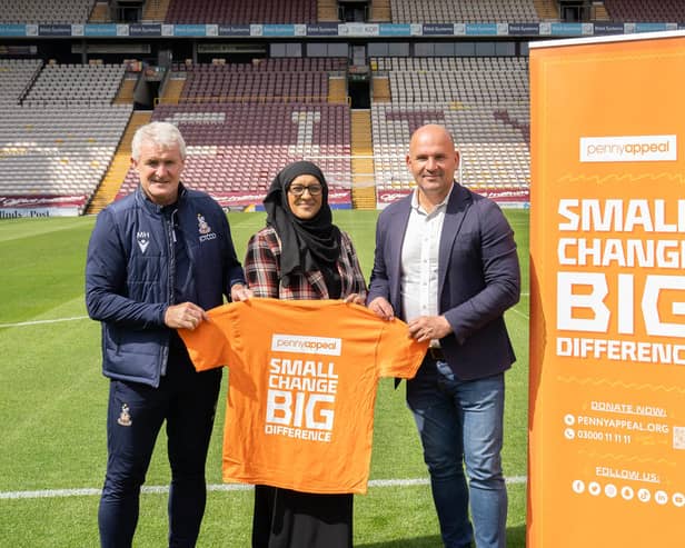 Bradford City manager Mark Hughes,  Penny Appeal chief executive Ridwana Wallace-Laher and City commercial director Davide Longo