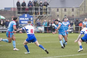 Mathieu Cozza passes the ball on as Wakefield Trinity go on the attack in their 70-6 Challenge Cup win at Siddal. Picture: Jim Fitton