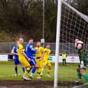 Gavin Allott scores Pontefract Collieries' first goal against Cleethorpes Town. Picture: Josh Harper