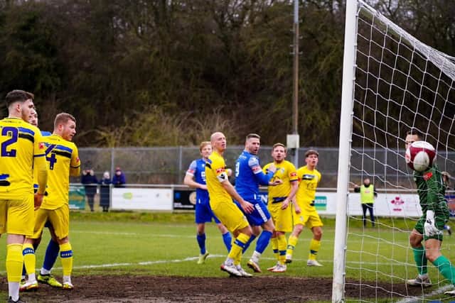 Gavin Allott scores Pontefract Collieries' first goal against Cleethorpes Town. Picture: Josh Harper
