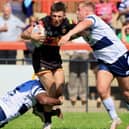 Action from Dewsbury Rams v Featherstone Rovers. Photo by Thomas Fynn.