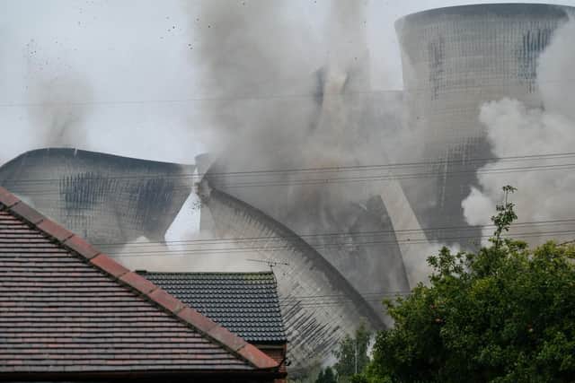 Flashback: Four of the iconic cooling towers at the Ferrybridge C Power station are demolished on October 13, 2019. The site clearance was completed in 2022. Photo by Ian Forsyth/Getty Images