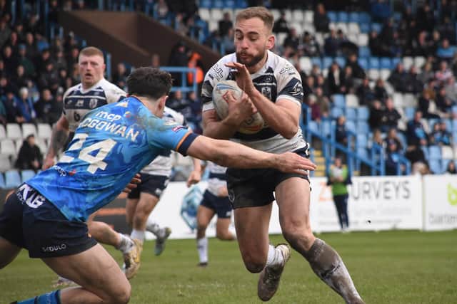 Connor Jones takes on the Bradford Bulls defence in the 24-14 defeat for Featherstone Rovers. Picture: Rob Hare