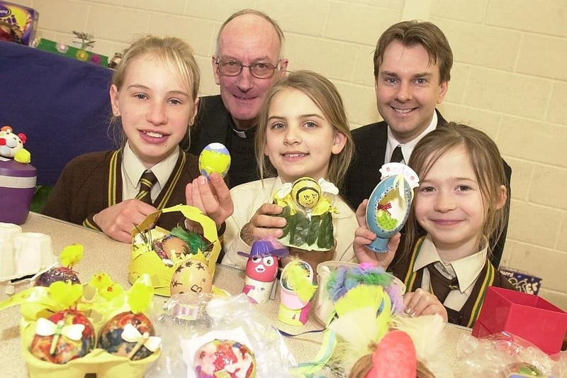 Easter Egg competition - Cliff School. The Very Rev George Nairn-Briggs (Dean of Wakefield) Simon Bedford (Head of Prep) Amy Marsden (11) Alanya French (9) Catherine Laird (8) - all winers of their year groups.