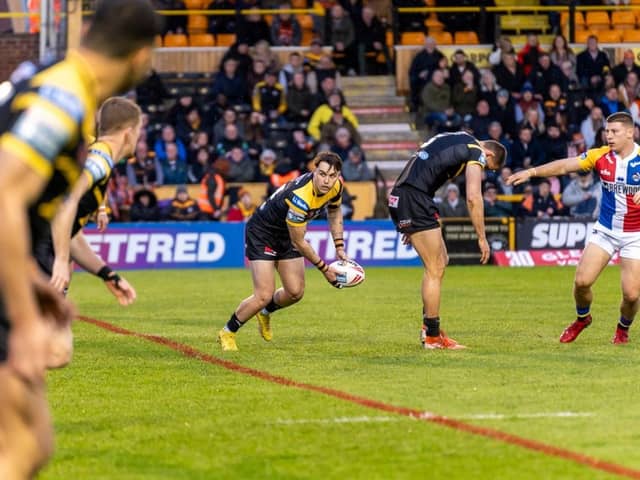 Tex Hoy made an immediate impact on his debut at full-back for Castleford Tigers against London Broncos. Picture: JLH Photography