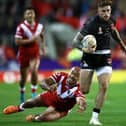 Kyle Evans in try scoring action for Wales against Tonga in the Rugby League World Cup. Picture: Michael Steele/Getty Images