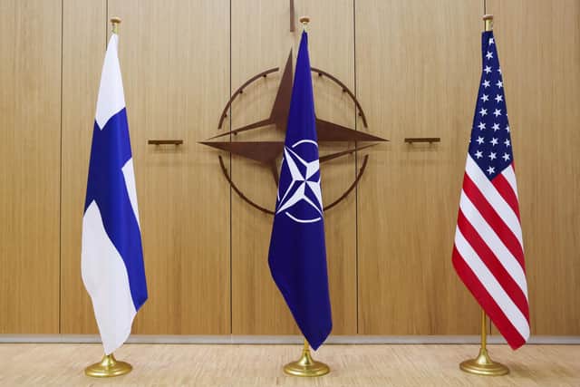 Finnish, Nato and US flags during a Nato foreign ministers' meeting at the Alliance's headquarters in Brussels. Picture: Johanna Geron/AFP via Getty Images