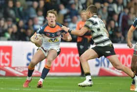 Jack Broadbent in action on his competitive debut for Castleford Tigers at the MKM Stadium, Hull. Picture: Craig Cresswell Photography