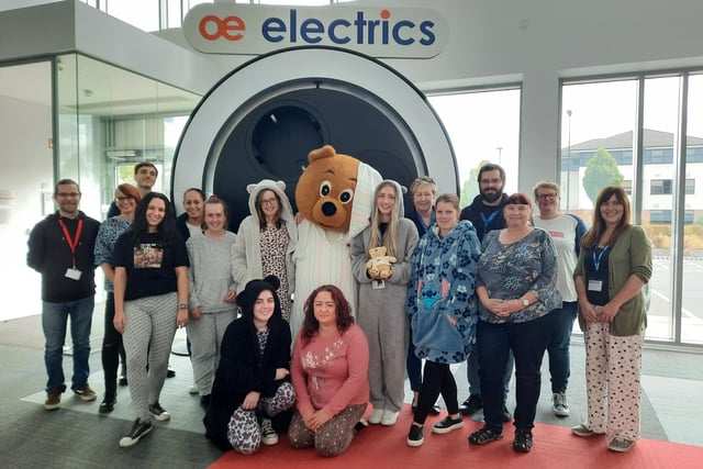 The OE Electrics team in their Sunday best pyjamas to support Wakefield Hospice's PJ fundraiser.