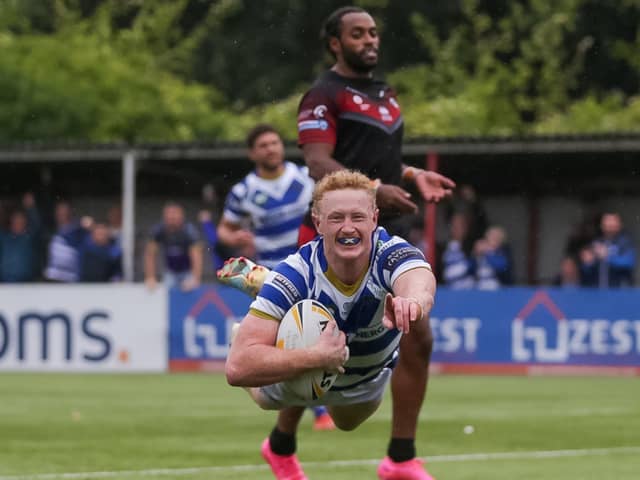 New Wakefield Trinity signing Lachlan Walmsley scoring the try that sent Halifax to Wembley in the 1895 Cup. Photo by Simon Hall