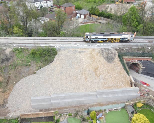Aerial image of the work being done to repair the damage caused by the landslip.