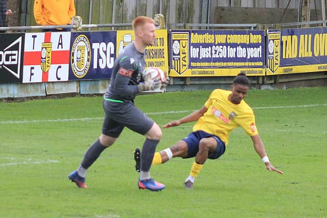 Pontefract Collieries goalkeeper Lloyd Allinson safely has the football in his hands. Picture: Keith Handley