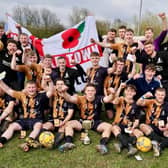 Vulcan FC in celebratory mood after bagging their first ever trophy in open-age football with their narrow 1-0 win over Travellers Stanley in the Championship One League Cup final.