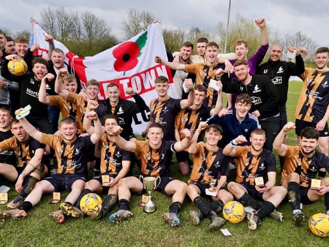 Vulcan FC in celebratory mood after bagging their first ever trophy in open-age football with their narrow 1-0 win over Travellers Stanley in the Championship One League Cup final.
