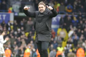 Leeds United manager Daniel Farke celebrates at the end of a feisty match against Preston.
