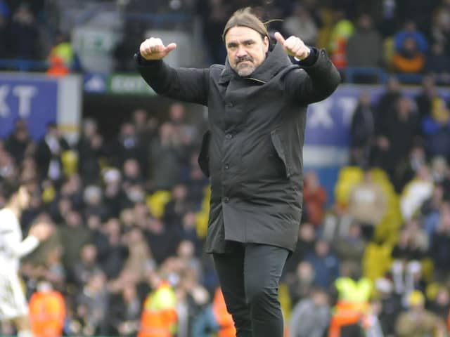 Leeds United manager Daniel Farke celebrates at the end of a feisty match against Preston.