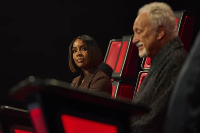 Judges Kelly Rowland and Tom Jones during filming.