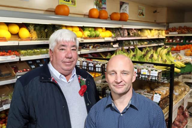 Coun Fishwick took over Earnshaw's grocery in Horbury from Norman Earnshaw (left) in 2017.